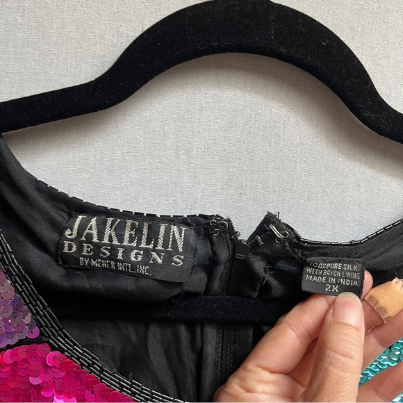 Vintage Jakelin Designs silk rayon sequin short sleeve shirt mini dress Sz 2X - Picture 7 of 10